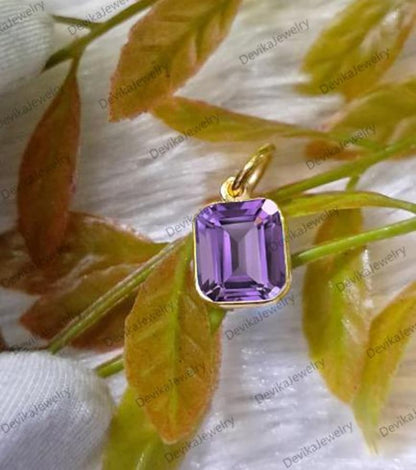 Handmade 14K Gold Amethyst Solitaire Pendant – Emerald Cut Purple Charm