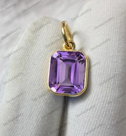Handmade 14K Gold Amethyst Solitaire Pendant – Emerald Cut Purple Charm