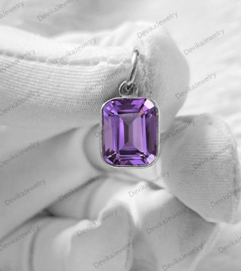 Handmade 14K Gold Amethyst Solitaire Pendant – Emerald Cut Purple Charm