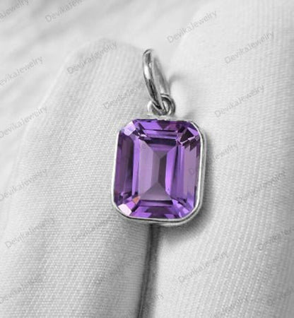 Handmade 14K Gold Amethyst Solitaire Pendant – Emerald Cut Purple Charm