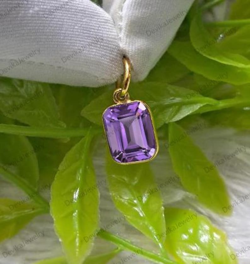Handmade 14K Gold Amethyst Solitaire Pendant – Emerald Cut Purple Charm
