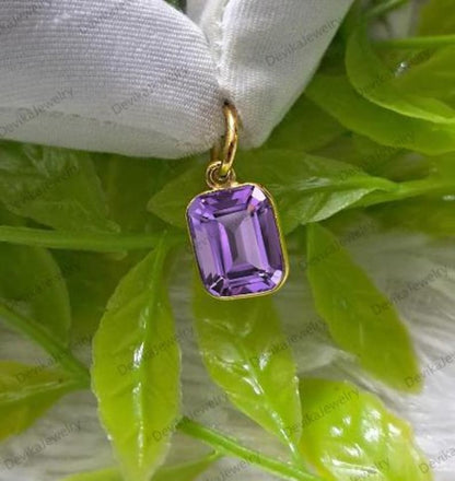 Handmade 14K Gold Amethyst Solitaire Pendant – Emerald Cut Purple Charm