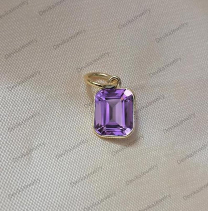 Handmade 14K Gold Amethyst Solitaire Pendant – Emerald Cut Purple Charm