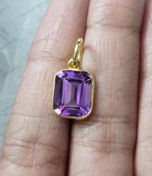 Handmade 14K Gold Amethyst Solitaire Pendant – Emerald Cut Purple Charm