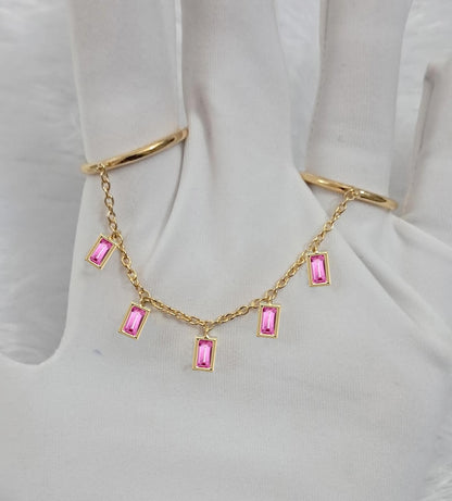 Two Finger Chain Ring with Pink Sapphire in Solid 14K Gold – Baguette Cut Dangle Design