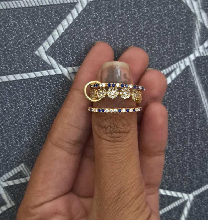 Blue Sapphire Diamond Interlocking Chunky Trio Band Ring in 925 Sterling Silver