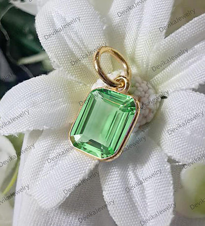 Emerald Cut Green Sapphire Bezel Charm in Sterling Silver or 14K Yellow Vermeil