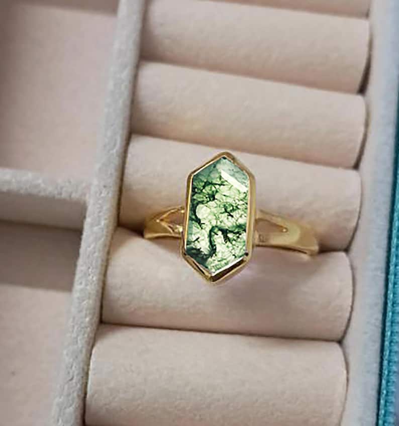 Long Hexagon Moss Agate Birthstone Ring in 925 Sterling Silver or 14K Yellow Vermeil