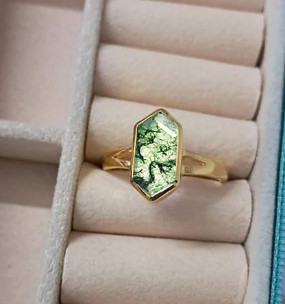Long Hexagon Moss Agate Birthstone Ring in 925 Sterling Silver or 14K Yellow Vermeil