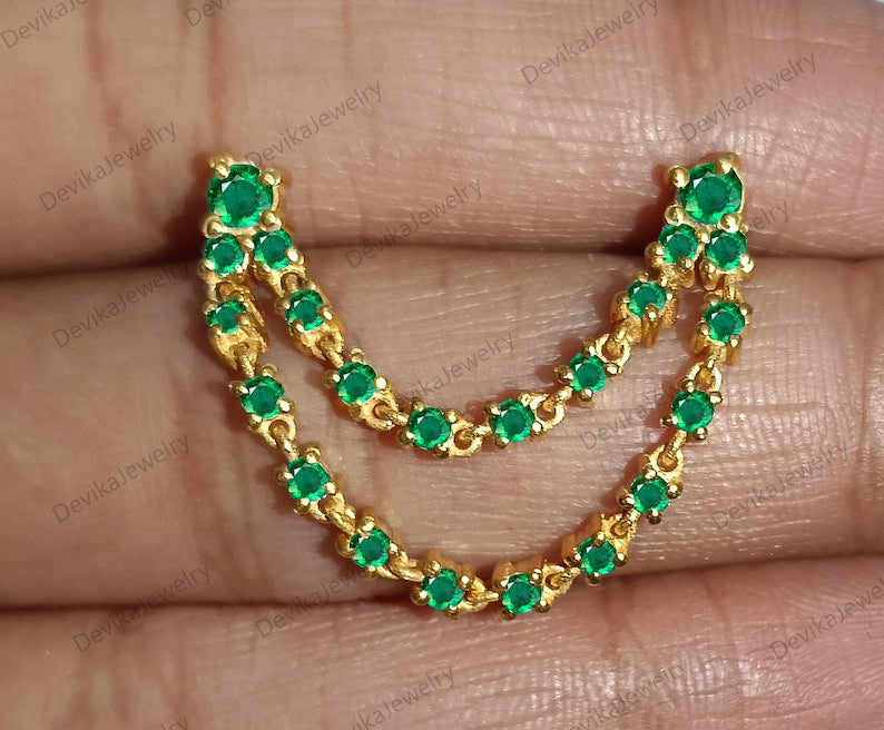 14K Yellow Plated Emerald Chain Stud Earrings – Double Layer Two Piercing Drop Design