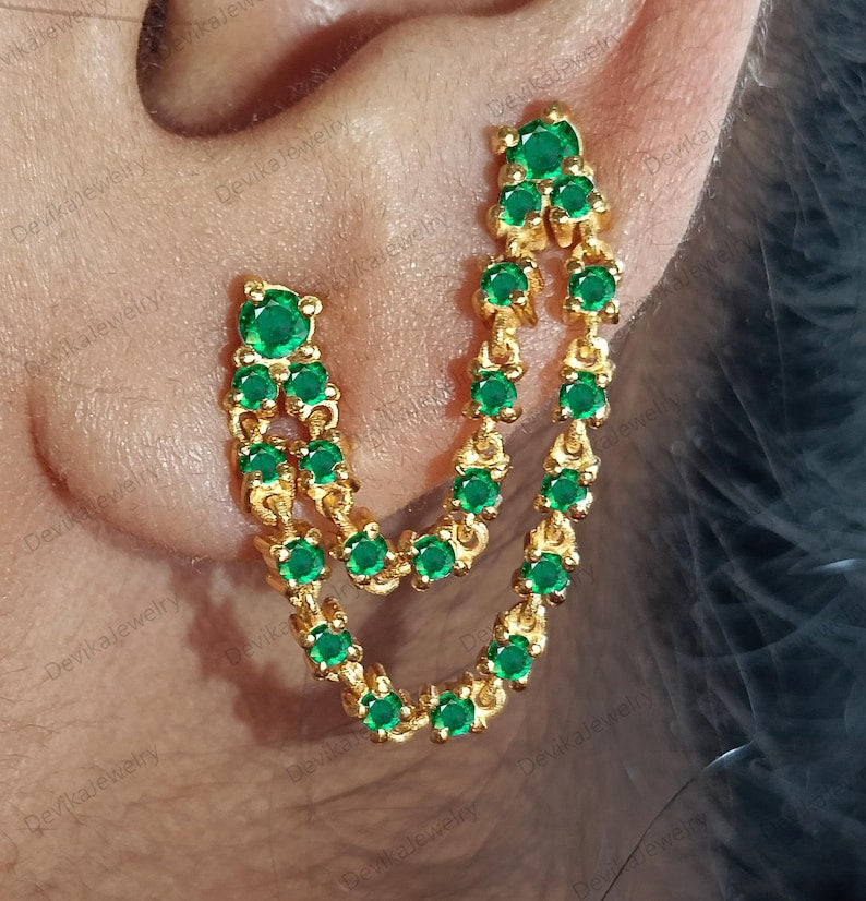 14K Yellow Plated Emerald Chain Stud Earrings – Double Layer Two Piercing Drop Design