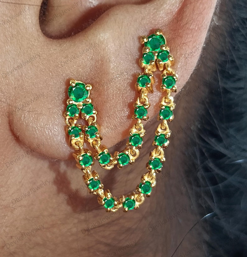 14K Yellow Plated Emerald Chain Stud Earrings – Double Layer Two Piercing Drop Design