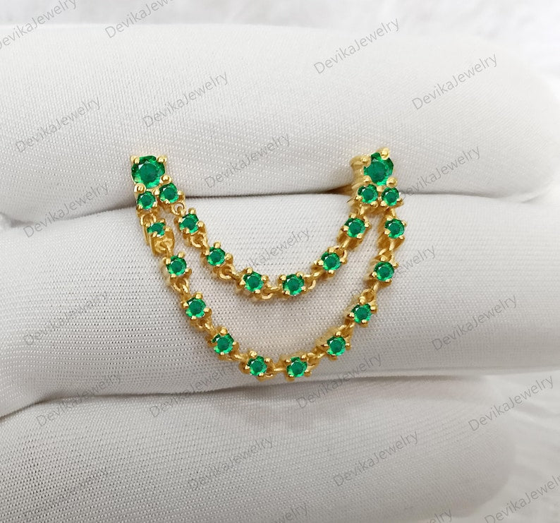 14K Yellow Plated Emerald Chain Stud Earrings – Double Layer Two Piercing Drop Design