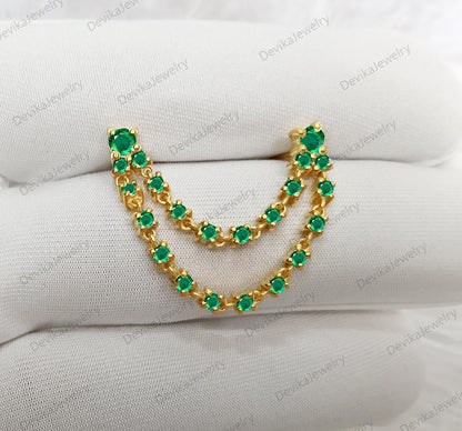 14K Yellow Plated Emerald Chain Stud Earrings – Double Layer Two Piercing Drop Design