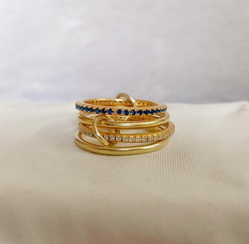 Blue Sapphire Diamond Interlocking Ring in 925 Silver – Multi Linked Anniversary & Christmas Gift