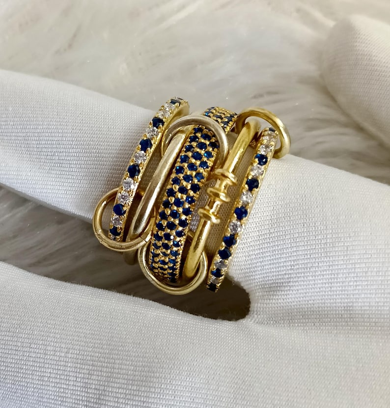925 Sterling Silver Blue Sapphire Interlocking Ring – Five Band Diamond Linked Design