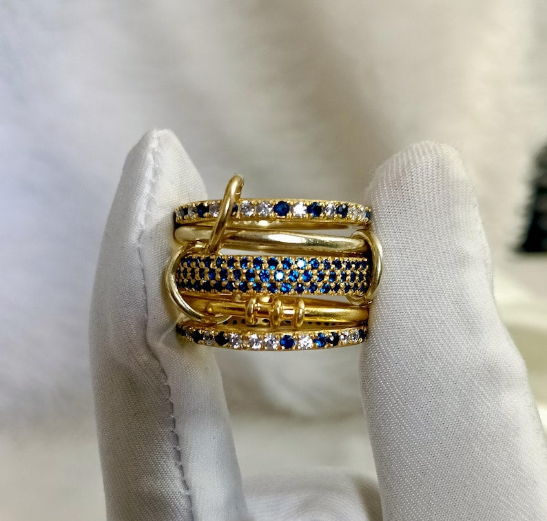 925 Sterling Silver Blue Sapphire Interlocking Ring – Five Band Diamond Linked Design