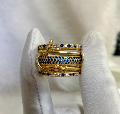 925 Sterling Silver Blue Sapphire Interlocking Ring – Five Band Diamond Linked Design