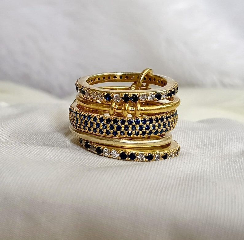 925 Sterling Silver Blue Sapphire Interlocking Ring – Five Band Diamond Linked Design