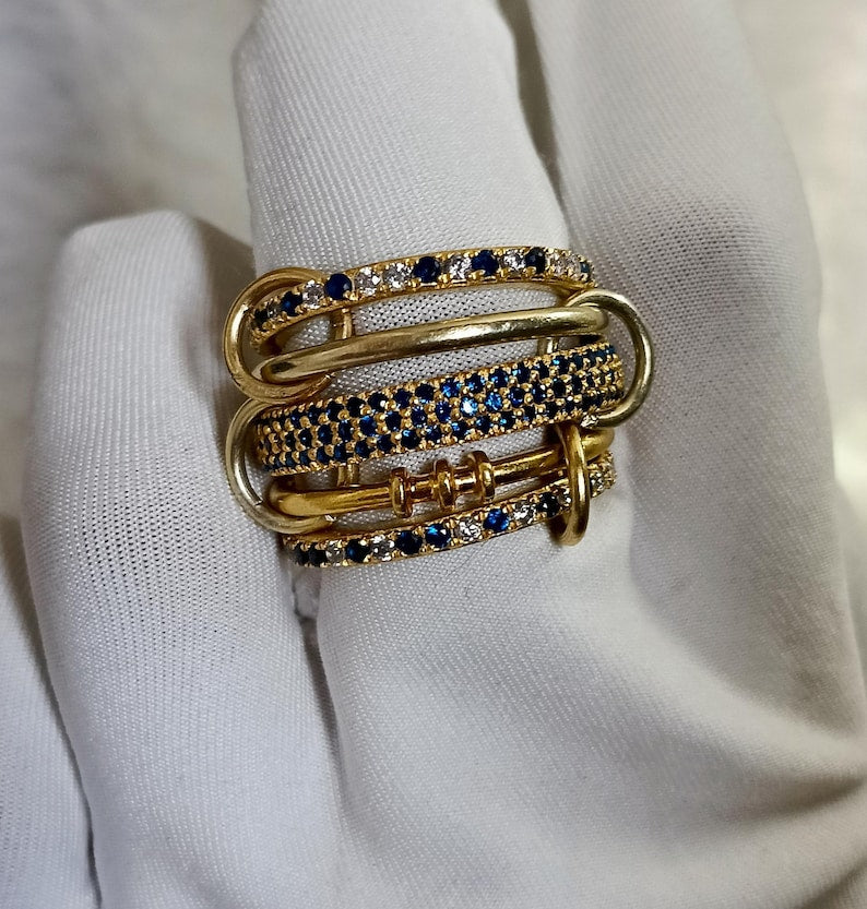 925 Sterling Silver Blue Sapphire Interlocking Ring – Five Band Diamond Linked Design