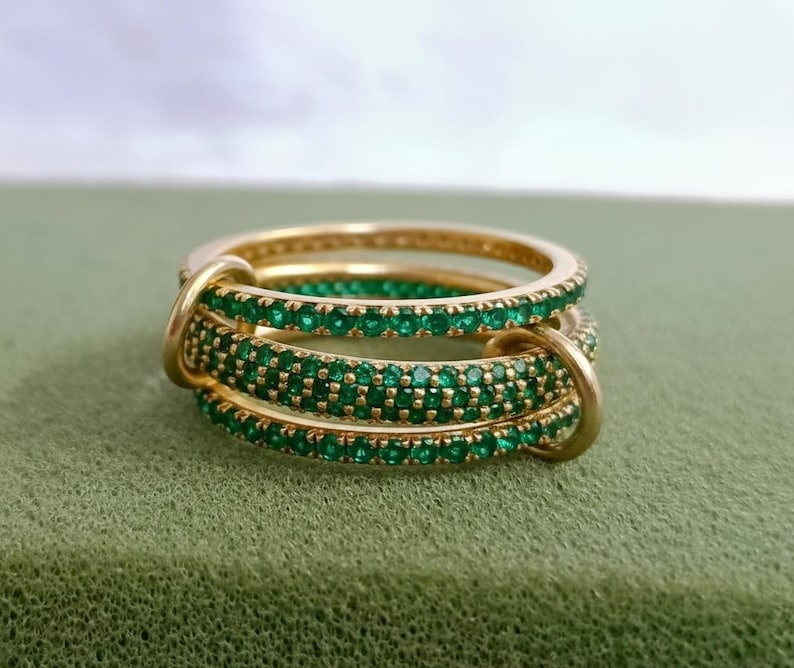 925 Sterling Silver Emerald Three Interlocking Spinner Ring – Handmade Linked Design