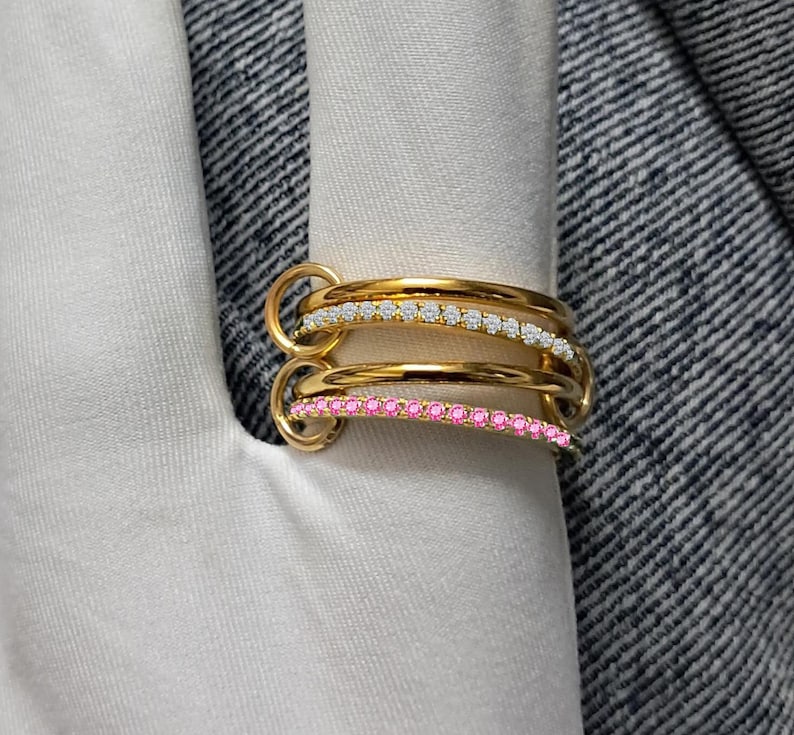 Pink Sapphire Diamond Interlocking Chunky Band Ring – Four Multi-Linked Design in 925 Silver