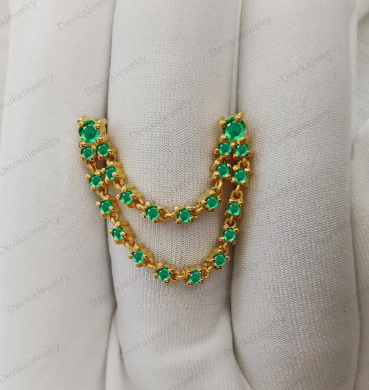 14K Yellow Plated Emerald Chain Stud Earrings – Double Layer Two Piercing Drop Design