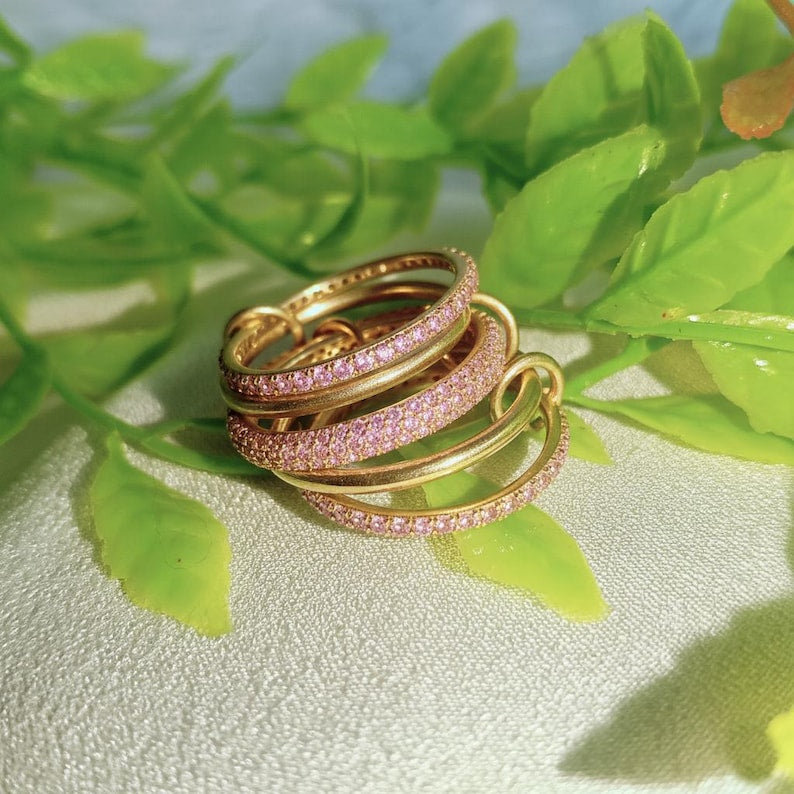 Pink Sapphire Interlocking Band 925 Sterling Silver Wedding Jewelry Connected Multi Linked Ring Christmas Gift