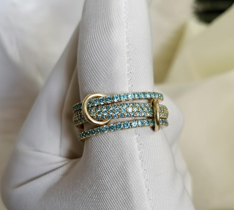 Handmade Aquamarine Spinner Ring in 925 Sterling Silver – Three Interlocking Linked Bands