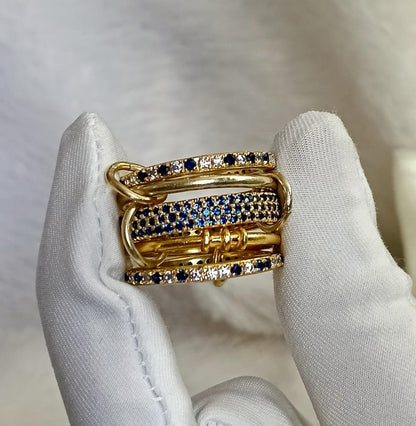 925 Sterling Silver Blue Sapphire Interlocking Ring – Five Band Diamond Linked Design