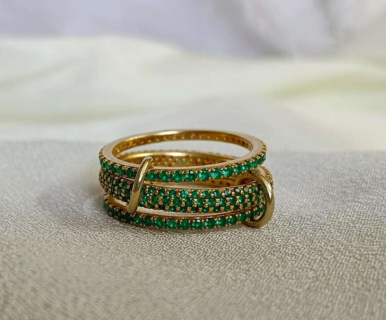 925 Sterling Silver Emerald Three Interlocking Spinner Ring – Handmade Linked Design