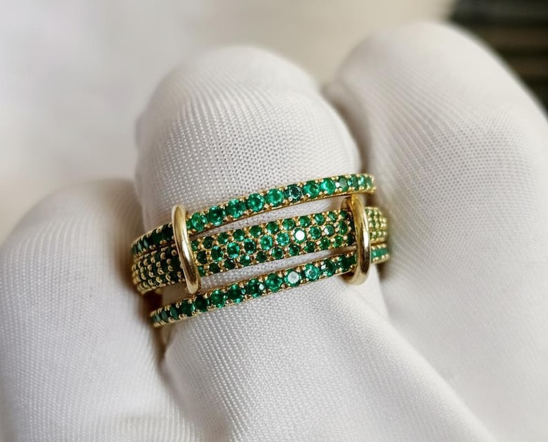 925 Sterling Silver Emerald Three Interlocking Spinner Ring – Handmade Linked Design