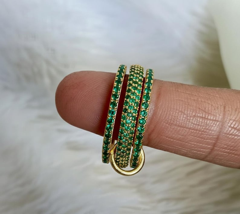 925 Sterling Silver Emerald Three Interlocking Spinner Ring – Handmade Linked Design