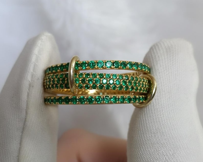 925 Sterling Silver Emerald Three Interlocking Spinner Ring – Handmade Linked Design