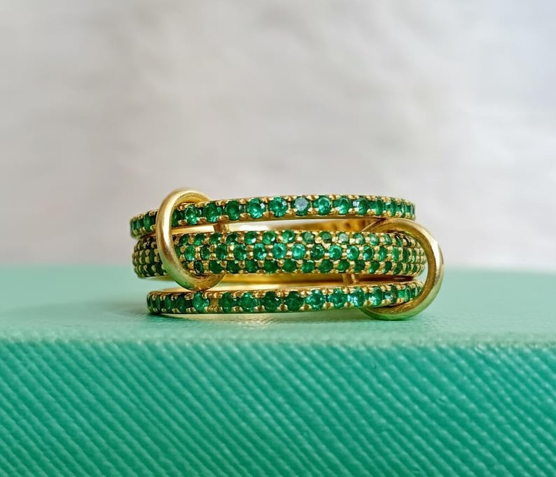 925 Sterling Silver Emerald Three Interlocking Spinner Ring – Handmade Linked Design