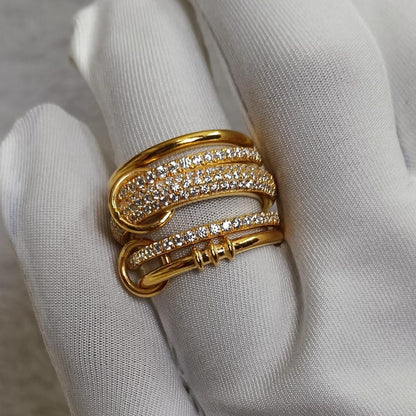 Gold Plated Chunky Ring – Five Interlocking Diamond Linked Statement Jewelry