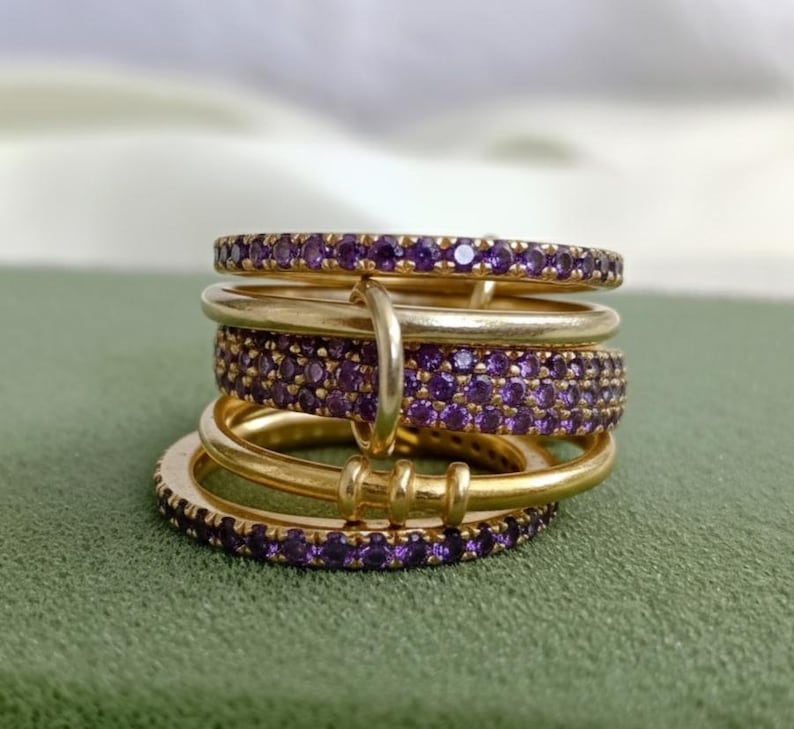 Amethyst Five Interlocking Spinner Ring in 14K Gold – Multi Linked Band New Year Handmade Gift