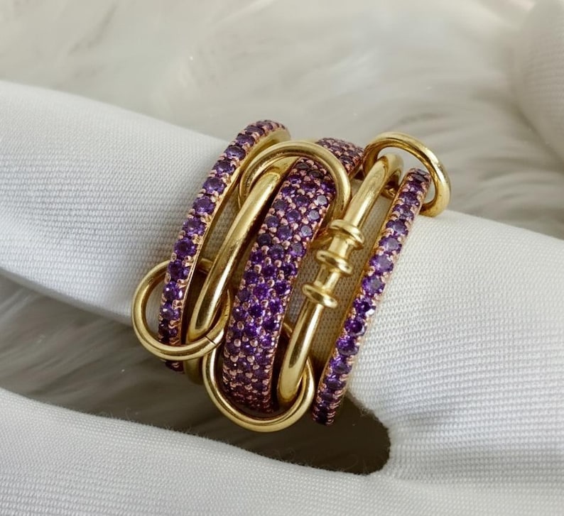 Amethyst Five Interlocking Spinner Ring in 14K Gold – Multi Linked Band New Year Handmade Gift
