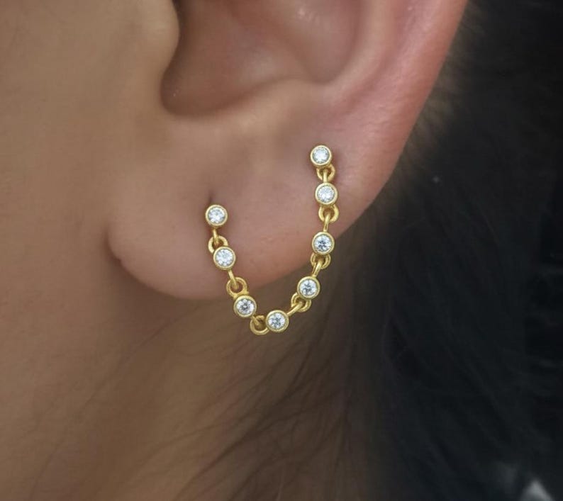 Diamond Chain Drop Stud Earrings in 14K Gold – Two Piercing Wrap Dangle Design