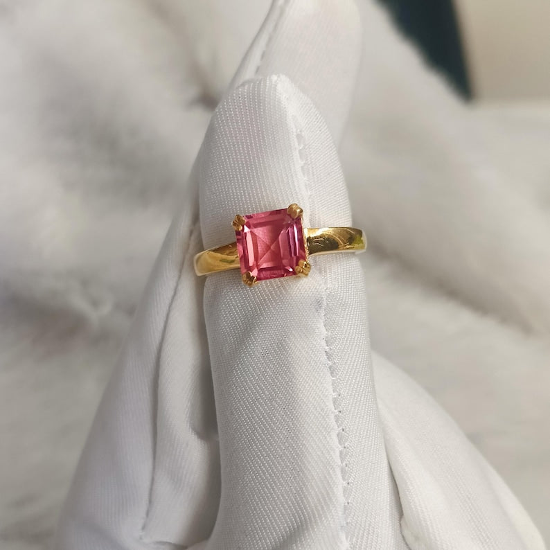 Solid 14K Gold Padparadscha Sapphire Stacking Ring – Anniversary Birthstone Statement Jewelry