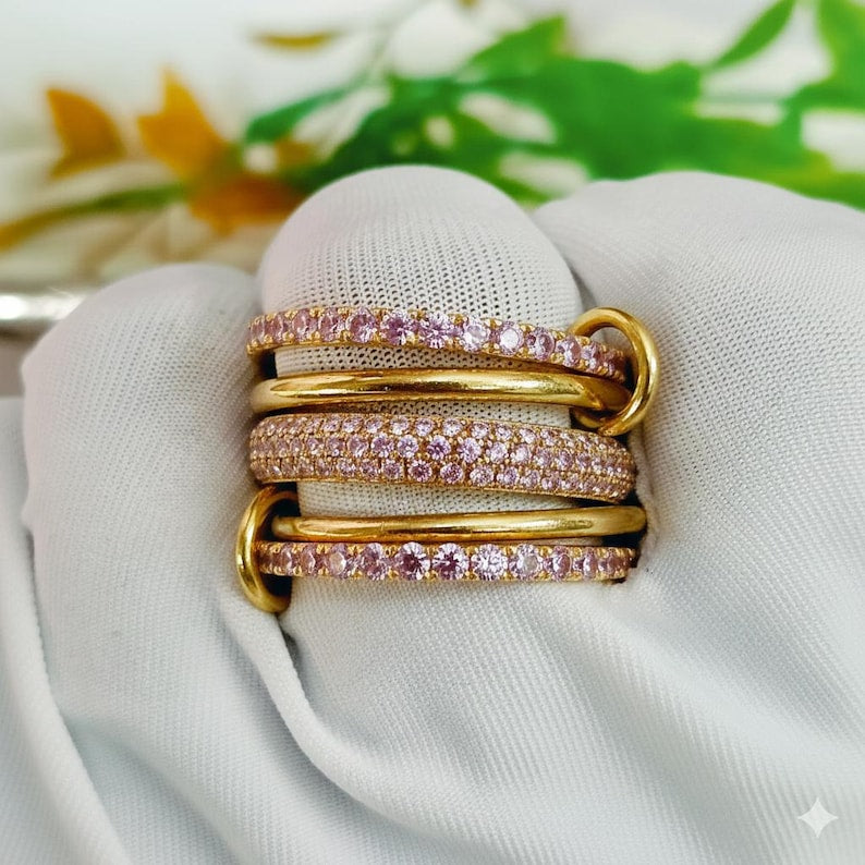 Pink Sapphire Interlocking Band 925 Sterling Silver Wedding Jewelry Connected Multi Linked Ring Christmas Gift