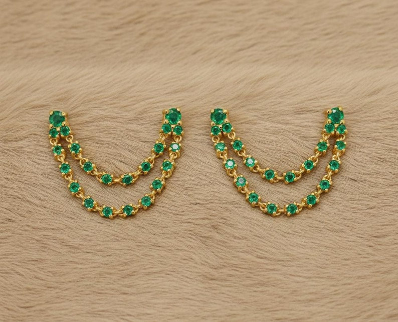 14K Yellow Plated Emerald Chain Stud Earrings – Double Layer Two Piercing Drop Design