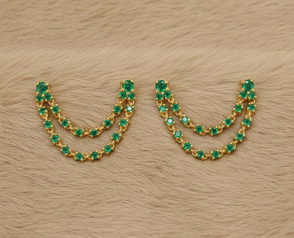 14K Yellow Plated Emerald Chain Stud Earrings – Double Layer Two Piercing Drop Design