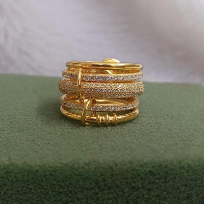 Gold Plated Chunky Ring – Five Interlocking Diamond Linked Statement Jewelry