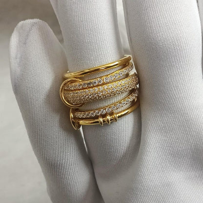 Gold Plated Chunky Ring – Five Interlocking Diamond Linked Statement Jewelry