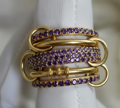 Amethyst Five Interlocking Spinner Ring in 14K Gold – Multi Linked Band New Year Handmade Gift
