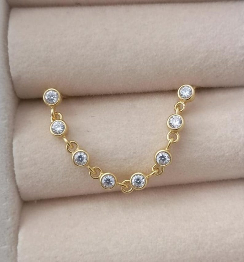 Diamond Chain Drop Stud Earrings in 14K Gold – Two Piercing Wrap Dangle Design