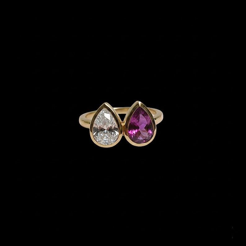 Pear Diamond Amethyst Two Stone Ring 925 Silver USA