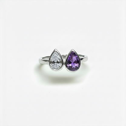 Pear Diamond Amethyst Two Stone Ring 925 Silver USA