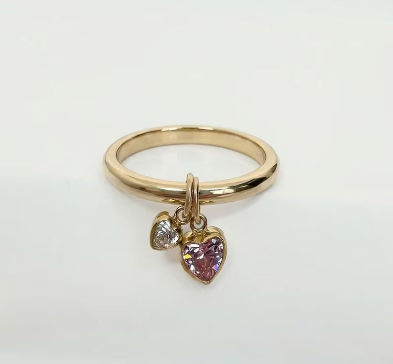 Pink Sapphire & Diamond Drop Ring 925 Sterling Silver Handmade Jewelry Double Heart Ring Proposal Ring